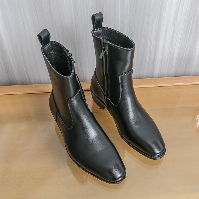 

Новые мужские кожаные ботинки на осень и зиму, в британском стиле, высокие кожаные ботинки, роскошный бренд, с острым носком, нескользящие, деловые ботинки 46 чёрный