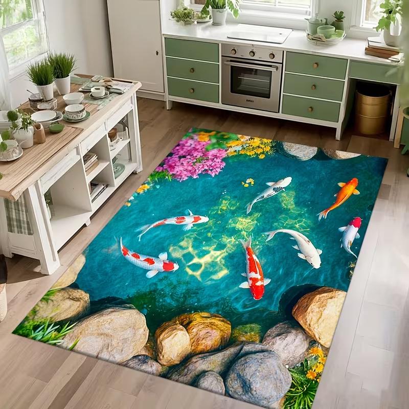 

Modern Japanese Koi Carpet Natural Style Farmhouse Floor Mat River Stones Design Green Orange Floor Mat Living Room Home Decor 40x60CM