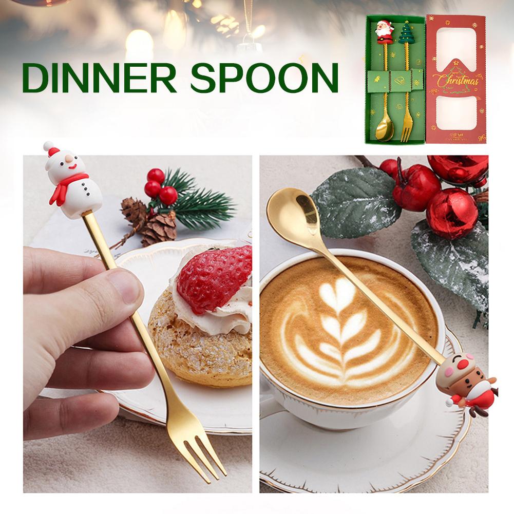 Xmas Tree Dessert Spoon Set Stainless Steel Holiday Coffee Spoon Fruit Fork Mini Cutlery Gift Christmas Present Party Favor