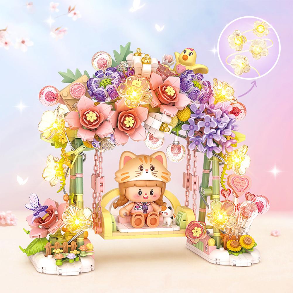 Romantic Flower Swing Building Block With Lights Creative DIY Simulation Architecture Building Bricks Toy Gifts For Kids