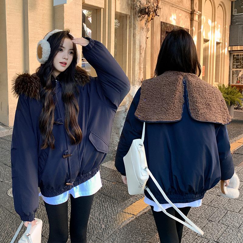 Horns Buckle Big Fur Collar Hooded Cotton-padded Jacket Women's Short Workwear Parkas