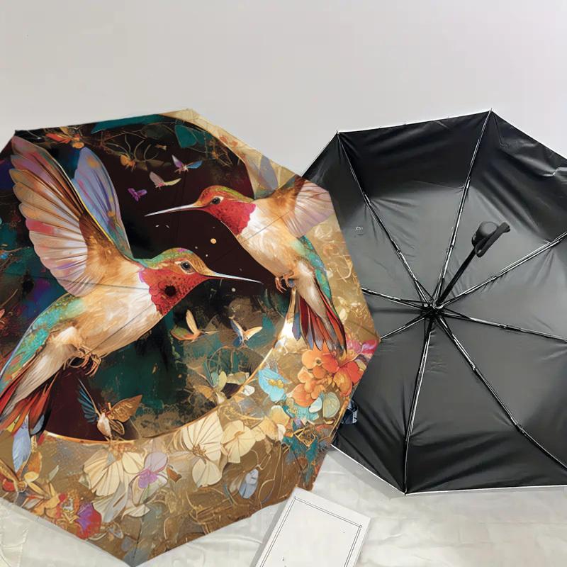 1pc Hummingbirds In Floral Garden Umbrella with Plastic Handle,Suitable for All Seasons Home Travel Outdoor UmbrellaDD930