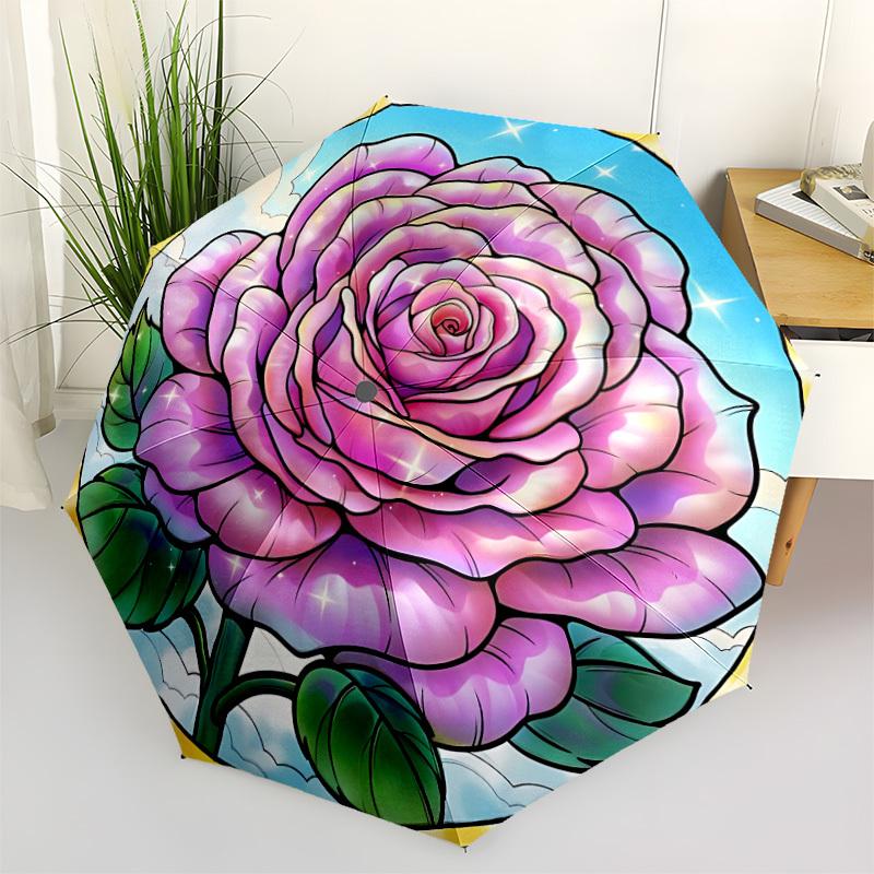 

1pc Rose Stained Glass Automatic Folding Umbrella - Portable Collapsible Design, 8-Rib Iron Frame, Durable Fabric yy251125034