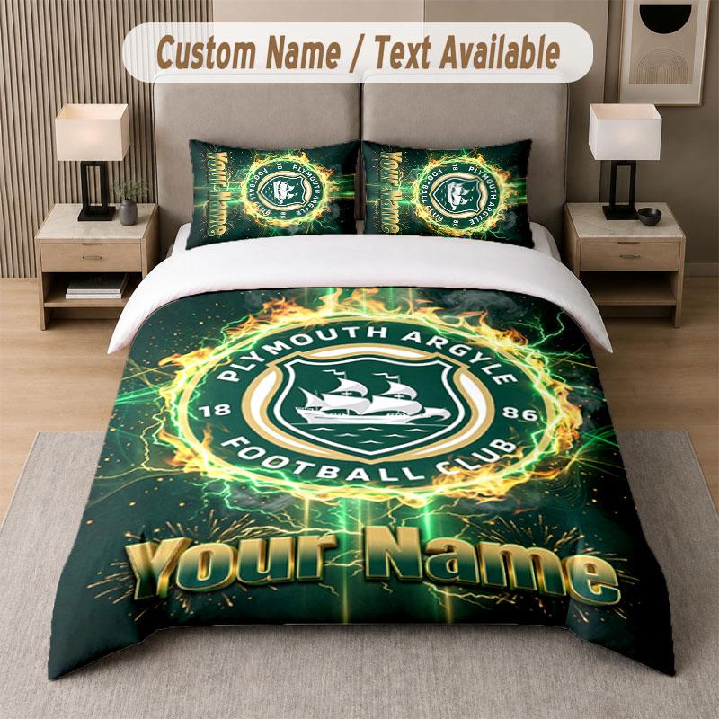 Custom Bedding Set Plymouth Argyle FC Pattern, Print Name Text 1 Duvet Cover Plus 2 Pillowcases Home Textile