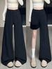 Women's High-Waisted Wool Pants - Black/Grey, Thick, Curved Leg, Autumn/Winter 2025, Slimming Straight-Leg with Velvet, Suit Style.