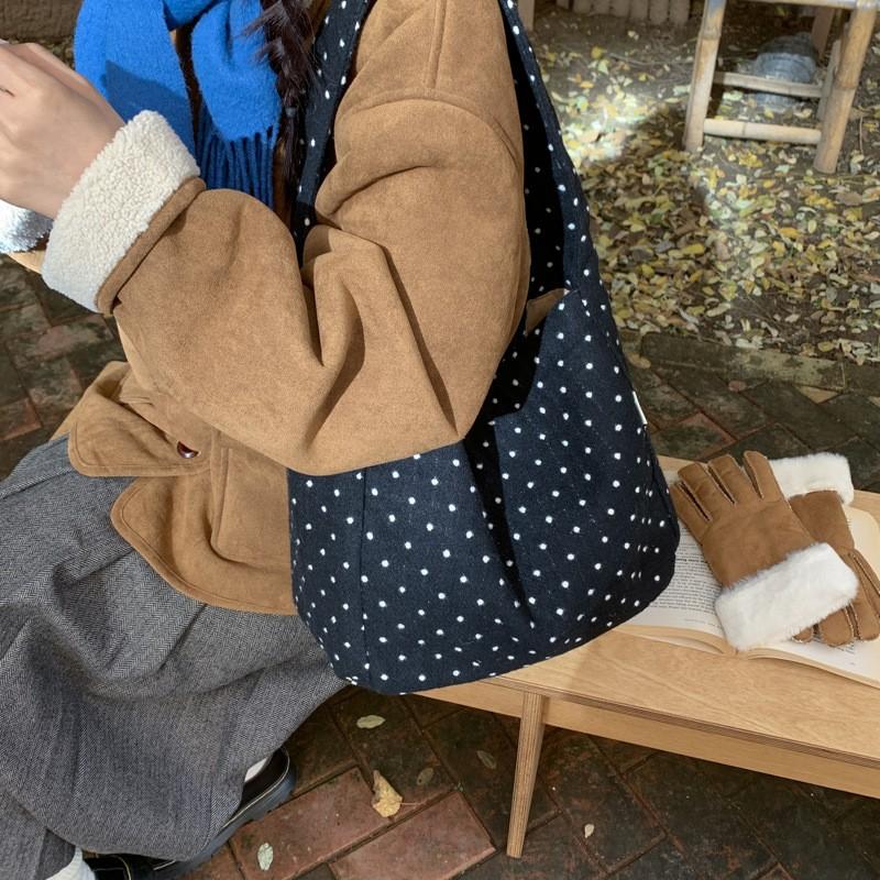 Torba Tote w Grochy Japoński Styl Codzienna Torba Ręczna z Mieszanki Wełny Modna Prosta Torba na Ramię Wysokiej Klasy Torba Listonoszka z Magnetycznym Zapięciem