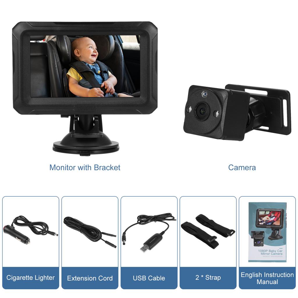 1080P Baby Car Camera, 4.3  Baby Monitor with Night Vision Function and 150 degrees  Wide View Angle, 360 degrees