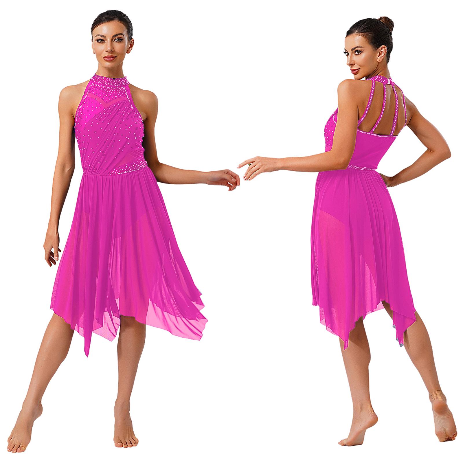 

Women Lyrical Dance Dress Halter with Glittery Rhinestone Patchwork Mesh Ruffled Skirt Built-In Briefs for Competition S-XXL S