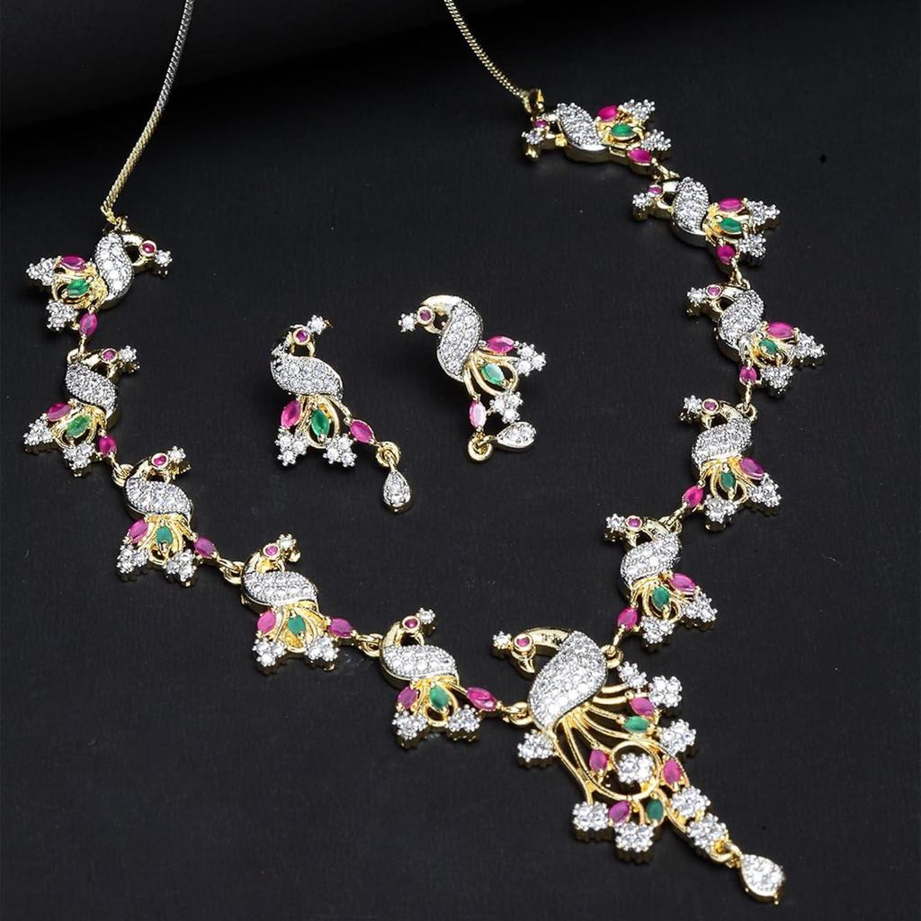 Jewellery Set American Diamond Stylish Peacock Style Gold Plated Necklace Set Jewellery With Earring For Women & Girls