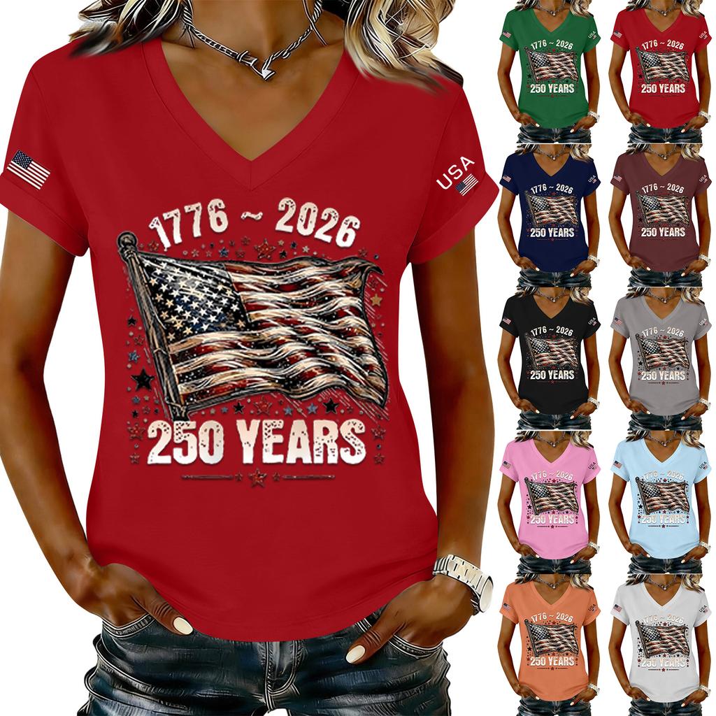 Modisches Damen-T-Shirt mit V-Ausschnitt, lässig, im Retro-Print, kurzärmelig