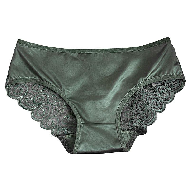 Women Bowknot Mid Waist Satin Panties Solid Color Spaghetti Strap Lace Briefs Hollow Out Seamless
