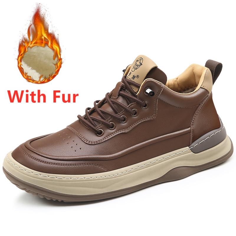 Fashion Fashion Lace-Up Male Casual Shoes Non-Slip Male Sneakers New Classic Skate Shoes Men Genuine Leather Men Winter Plush Snow Flats