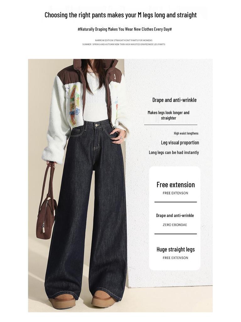 Women's Retro Dark Blue High-Waisted Fleece-Lined Wide-Leg Jeans for Autumn/Winter