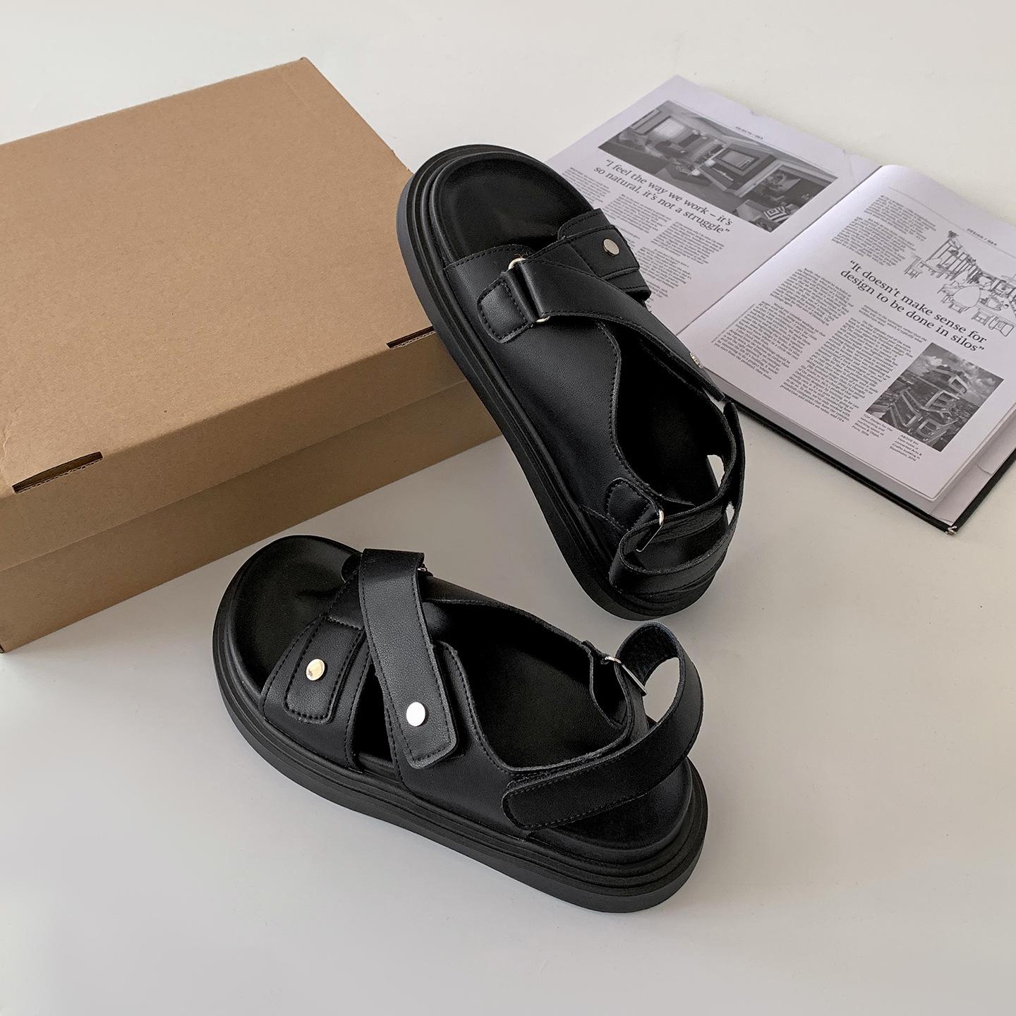 Black premium thick-soled heightening sandals seasonal versatile non-slip Roman shoes 35