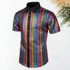 Camicia da club da uomo, costume da discoteca anni '70, colletto rovesciato, paillettes lucide riflettenti, manica corta, con bottoni