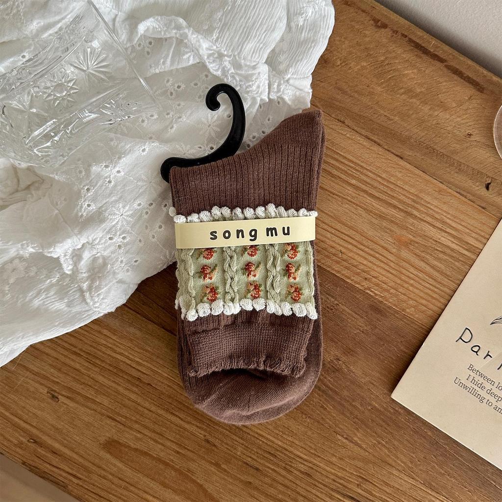 Floral Series Bow Knee-High Women's Mid-Calf Socks - Autumn/Winter Niche Original Scrunch Style