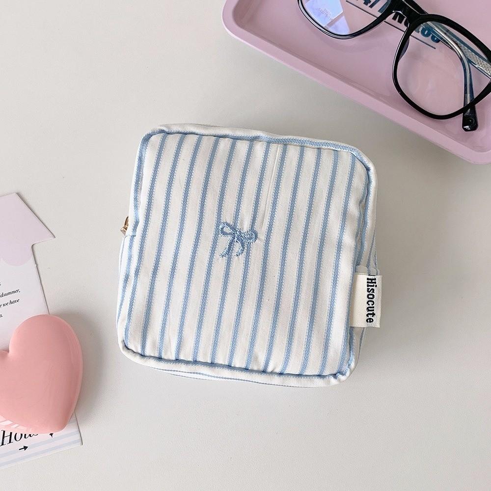 Bow Striped Grid Pattern Toiletry Pouch Korean Style Cloth Portable Beauty Case Vacation Travel