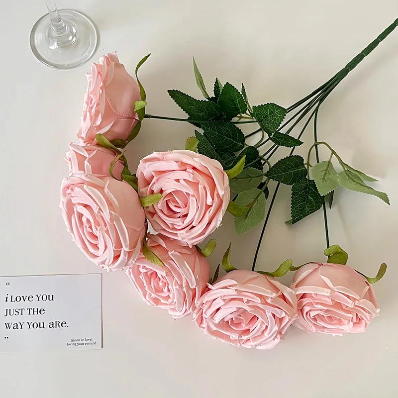 7 Heads Rose Artificial Wedding Home Decoration Brushed Cloth Simulation Rose Bouquet Home Hotel Decoration Fake Flowers