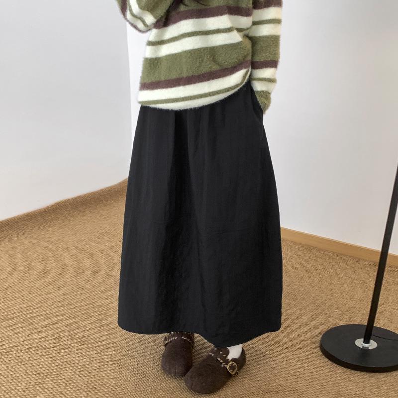 Women's High-Waisted Textured A-Line Mid-Length Skirt - Autumn/Winter Retro Pumpkin Fluffy Design