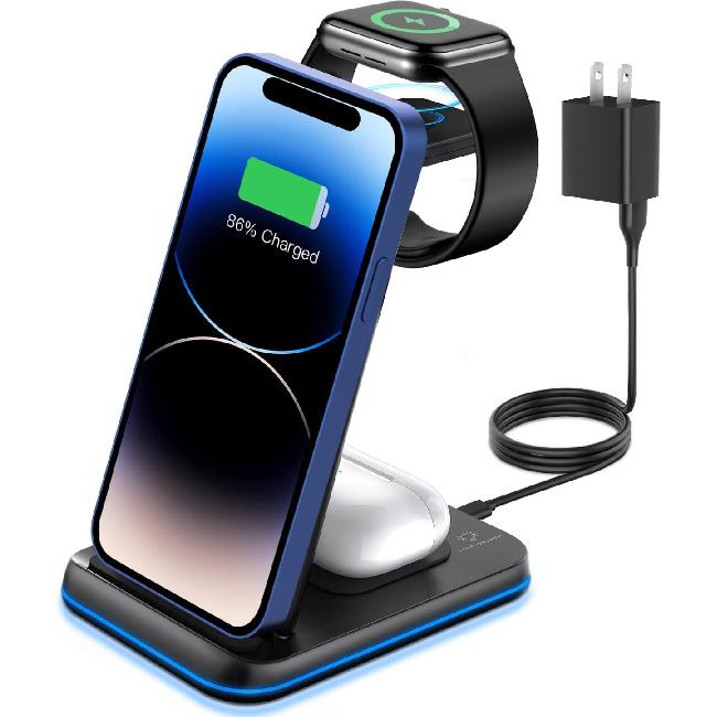 Foldable Wireless Charger for Multiple Devices 3 in 1 Wireless Charging Station for Travel, Compatible with iPhone 16 15 14 13 12 11/Pro/XR, Charging
