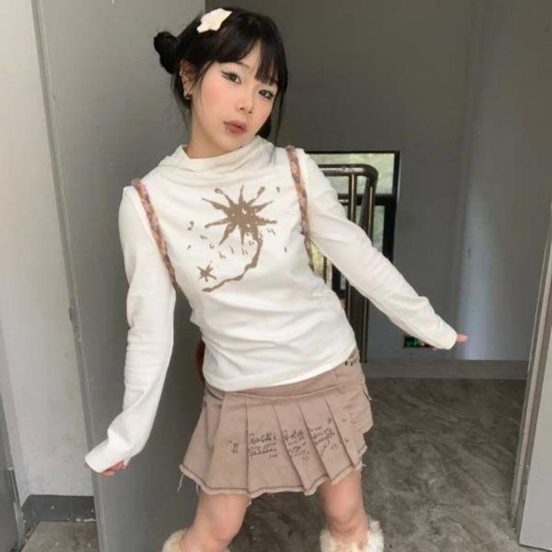 2KWEIRD Japanese Y2k Hooded T-shirt Grunge Aesthetics Green Long Sleeve Tee Shirt Vintage Harajuku Hooded Tops 2000s Streetwear