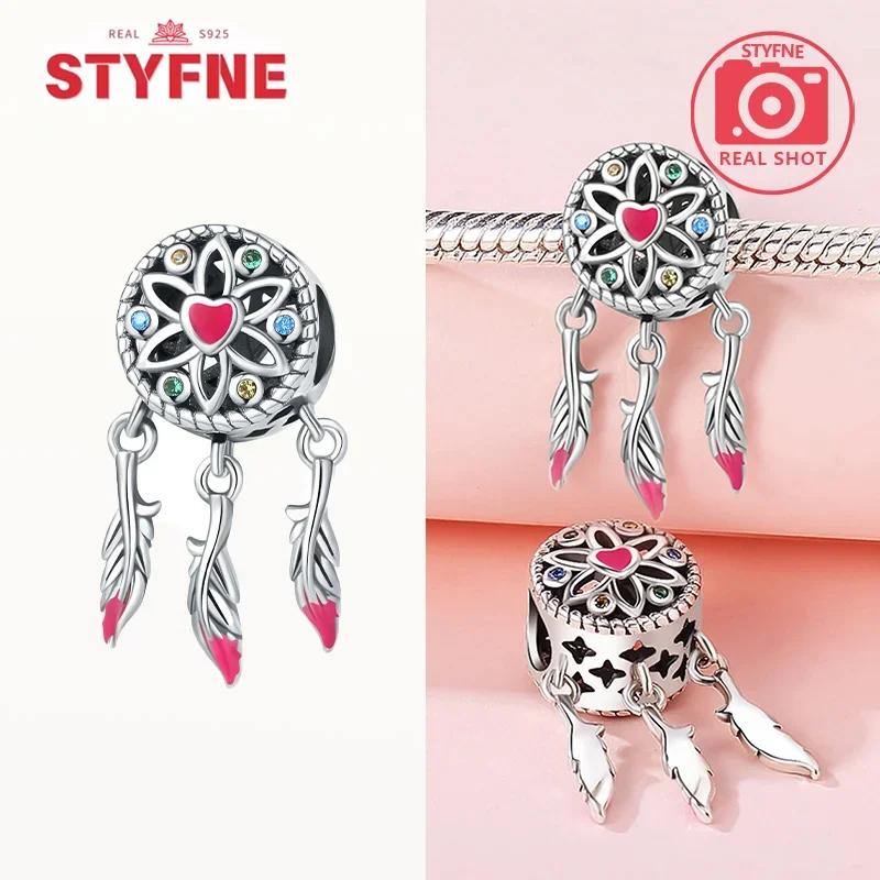 copper Colorful Zircon Heart Charm Bead Charms Dreamcatcher Feather Bead Charms Compatible With Fine Authentic Bracelets Jewellery Making Gifts for Wo