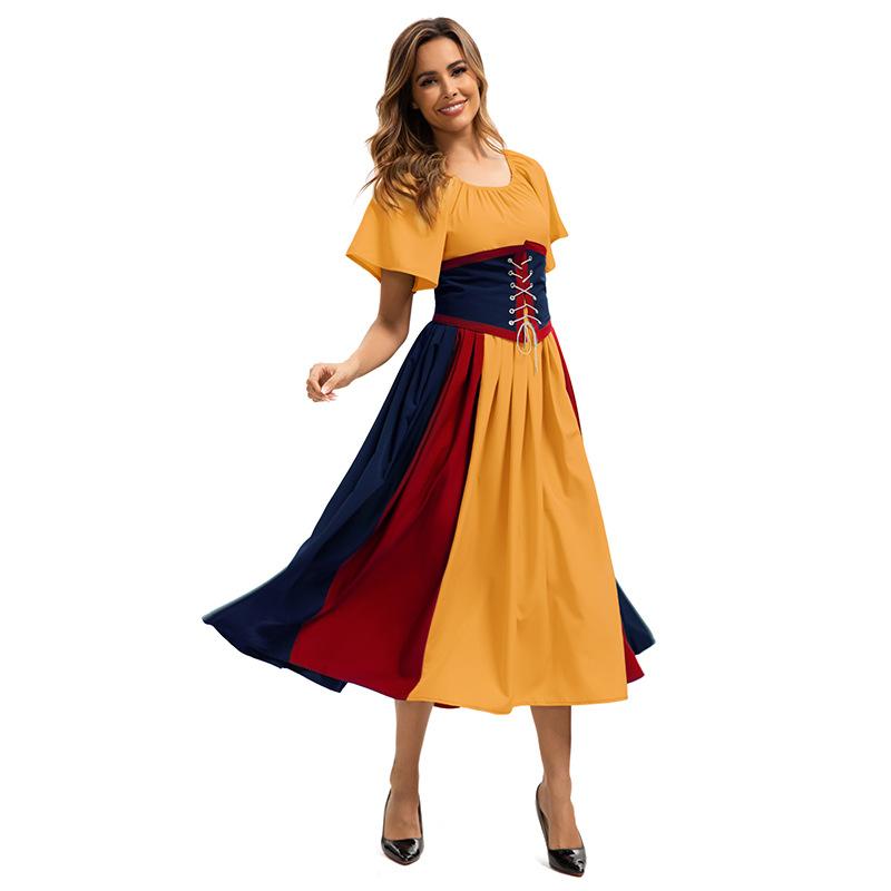 European and American New Products Medieval Retro Contrasting Color Splicing Lace-up Waist Swing Skirt Masquerade Ball Dress Dress Dress
