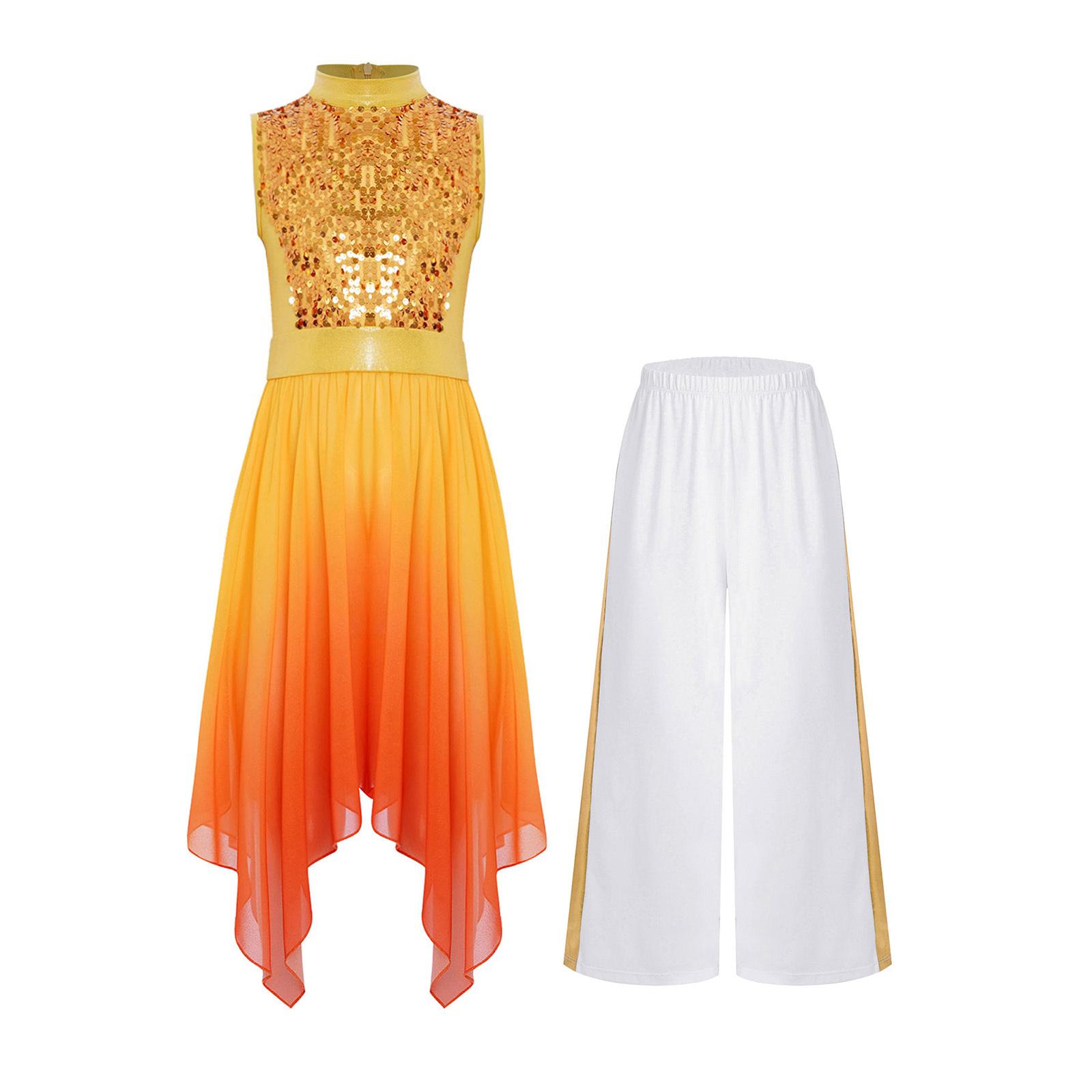 

Girls Liturgical Praise Dance Set Mock Neck Sleeveless Sequins Bodice Asymmetrical Tunic Dress with Metallic Patchwork Wide Leg Pants for Worship 5-6 Years золотой