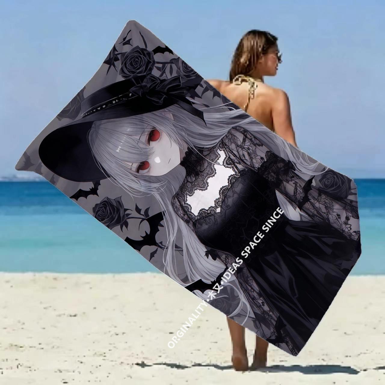 Gothic Witch Anime Beach Towel Patterned Sunscreen And Windproof Suitable For Swimming Pool Camping Travel Blanket 35x75cm&1pc