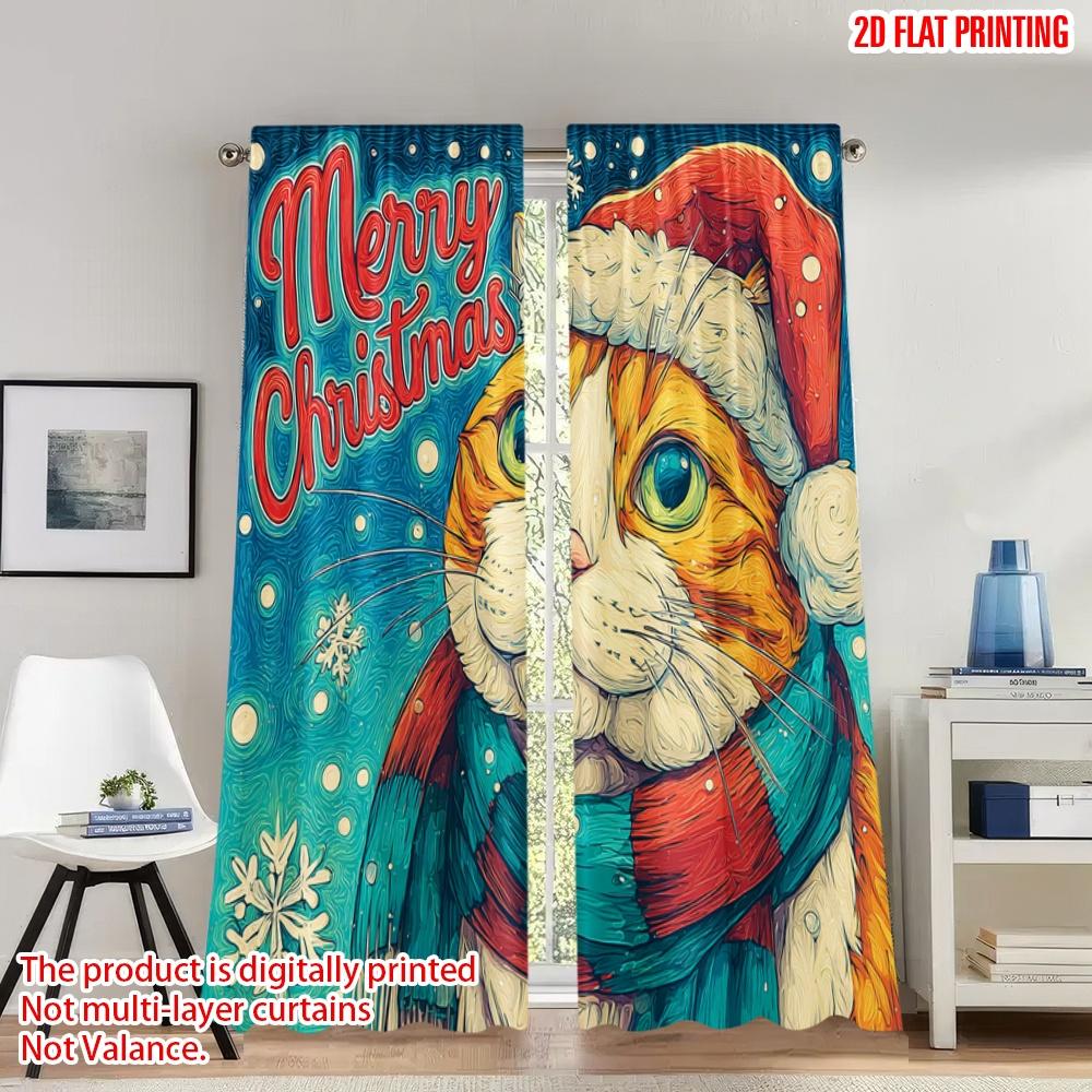 

Set Of 2 Flat Printing Happy Christmas Party Curtains Cute Cat Merry Digital Printed Polyester Drapes Family Use Curtain W100*H70(CM)-Rod Pocket&2PCS