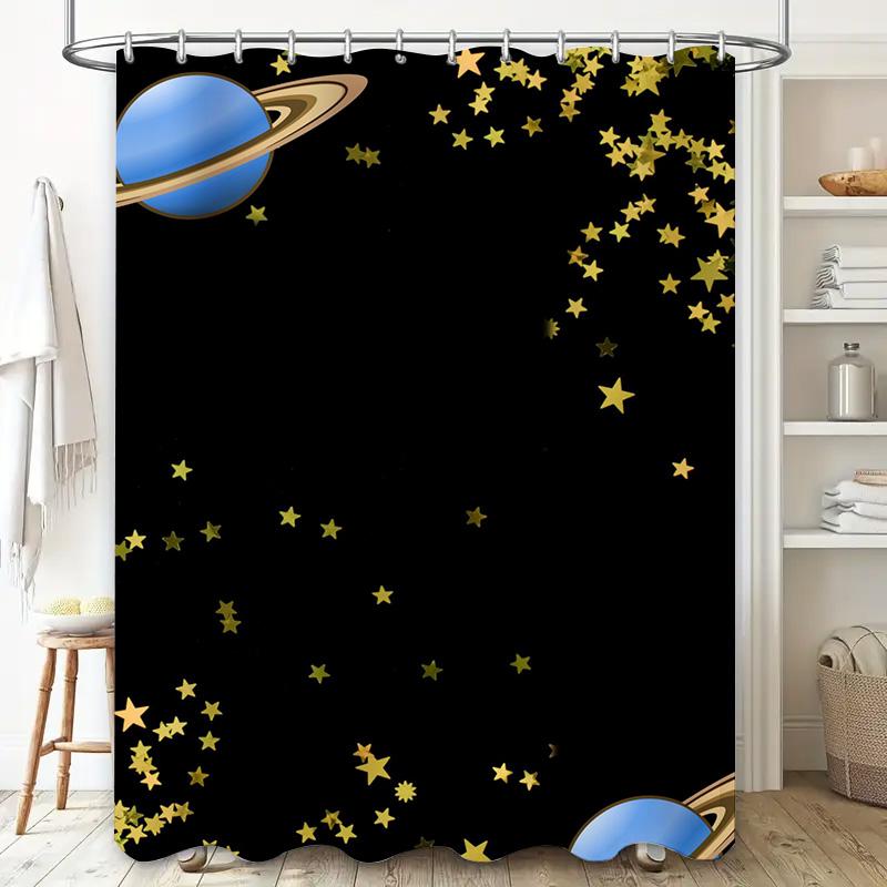 Space-themed Bathroom Decor: Blue Planet with Rings Shower Curtain Featuring Gold Stars for a Cosmic Ambiance In Your Bathtub Ar