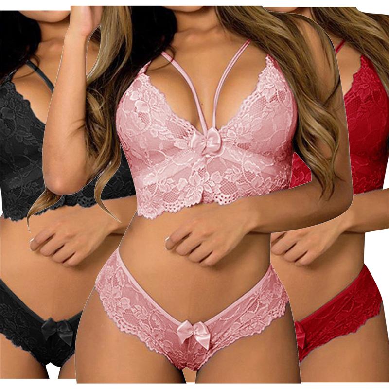 Floral Lace Sexy Lingerie Set, Strappy Bow Hollow Bra & Semi-sheer Boyshort Panties, Women's Sexy Lingerie & Underwear