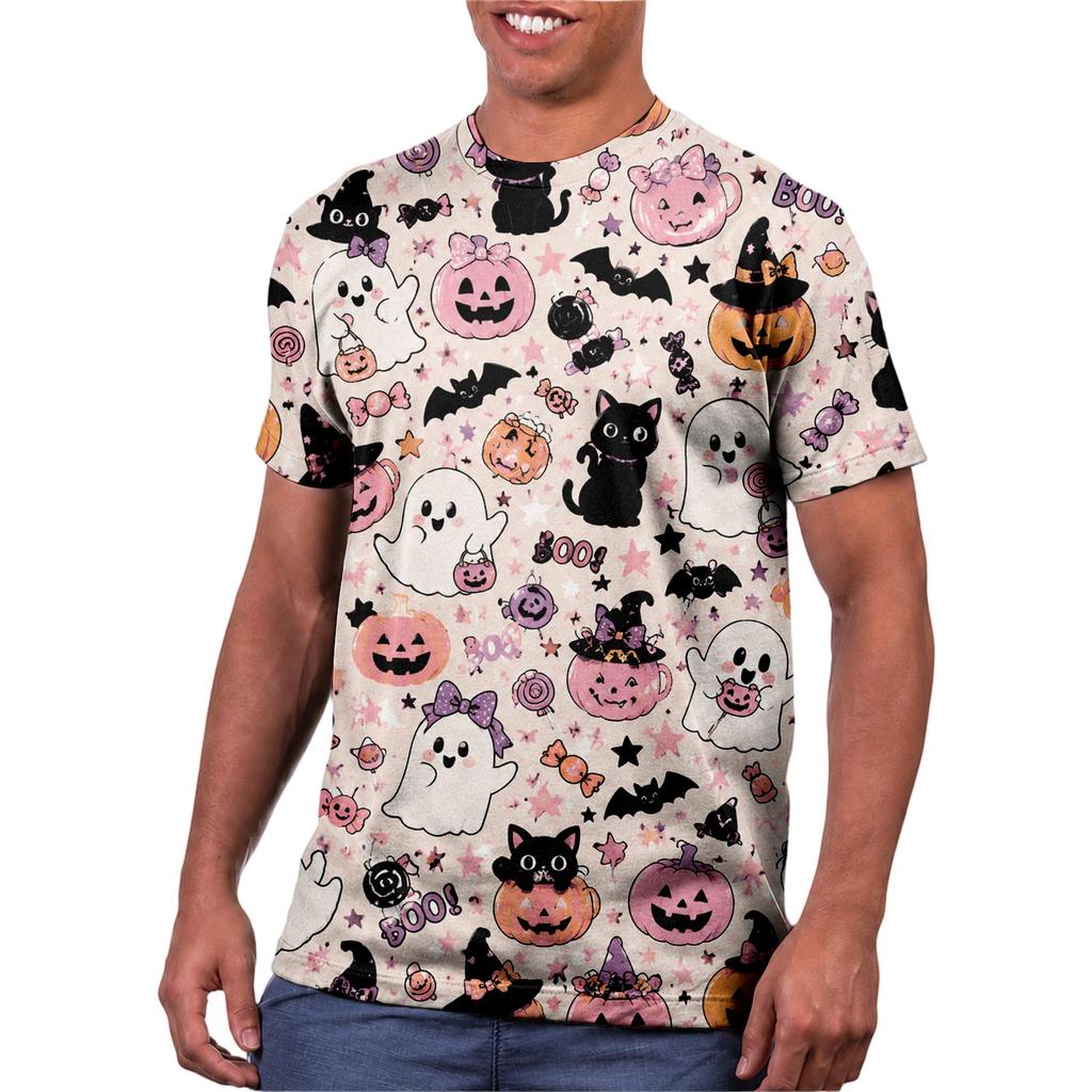 Halloween All Over Print T Shirt, Cute Pumpkin Graphic Tee for Women Men