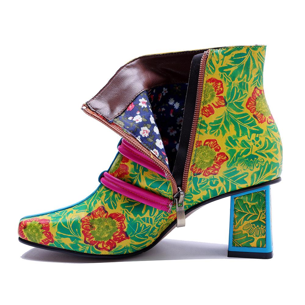 Johnature Retro Tištěné Krátké Kožené Boty Květinové Pohodlné Silný Podpatek Dámské Boty