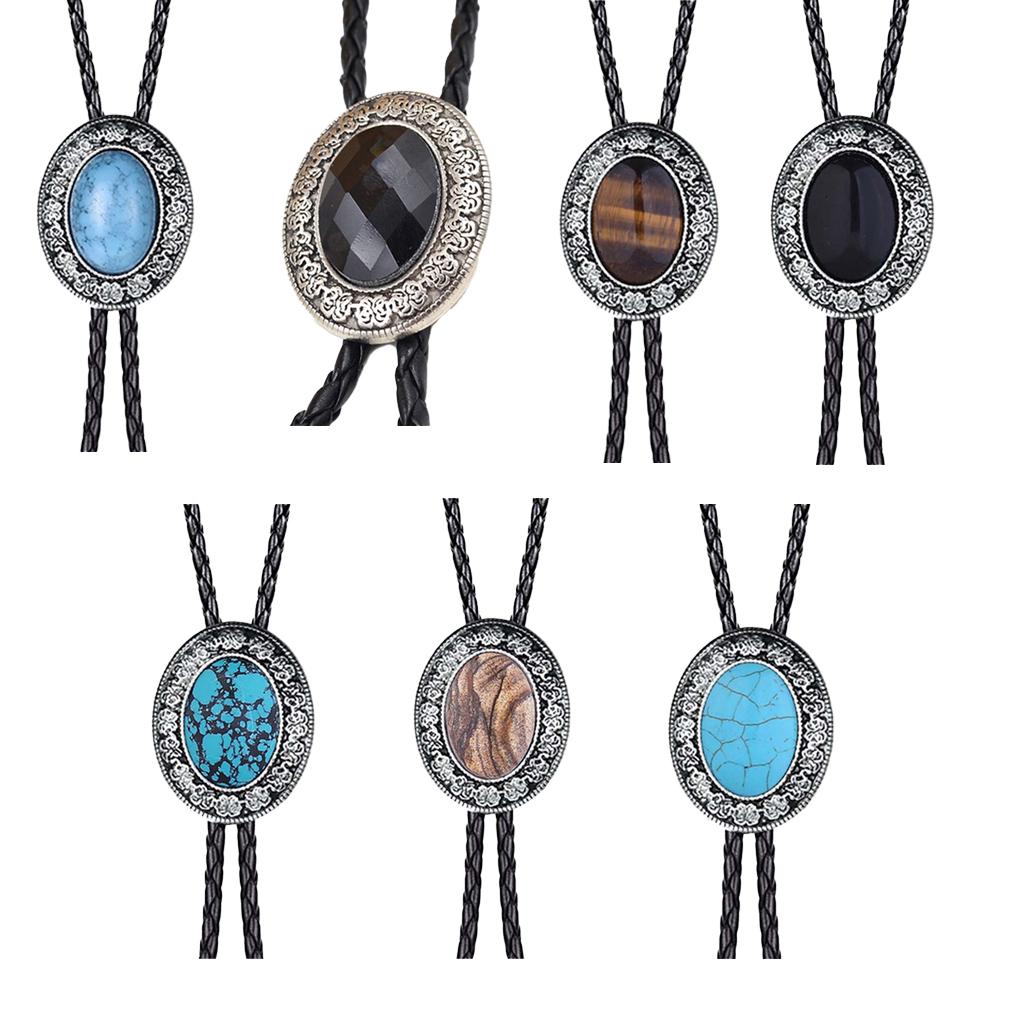 Vintage Metal Stone Black Hat Bolo Tie with Gemstones Leather Rope Pendant Necktie Jewelry Western Tie Western Necklace Costume
