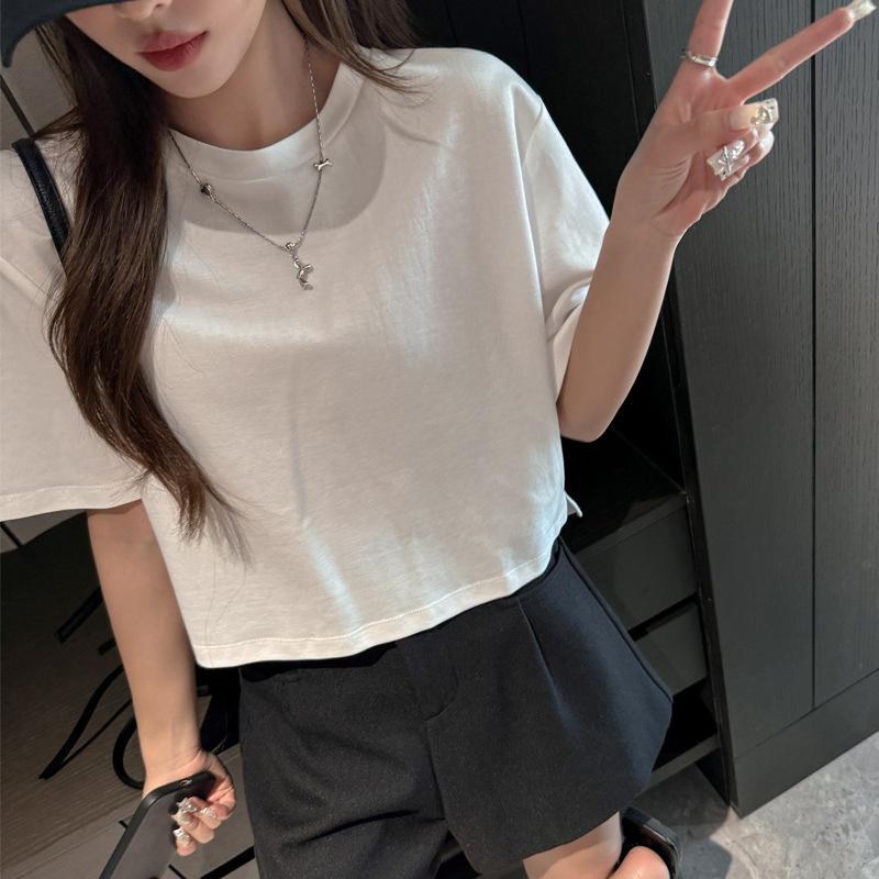 Summer Black Premium Atmosphere Basic Shoulder Short Sleeve T-Shirt Women's Crew Neck Niche Cotton Top