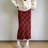 Roter Retro-Woll-Karo-Rock mit Schlitz - Herbst/Winter Beflockter, formender Hüftwickelrock