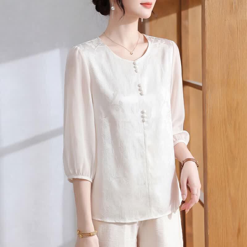 Xuexi Women s Elegant Seven-Sleeve Chiffon Blouse 3XL