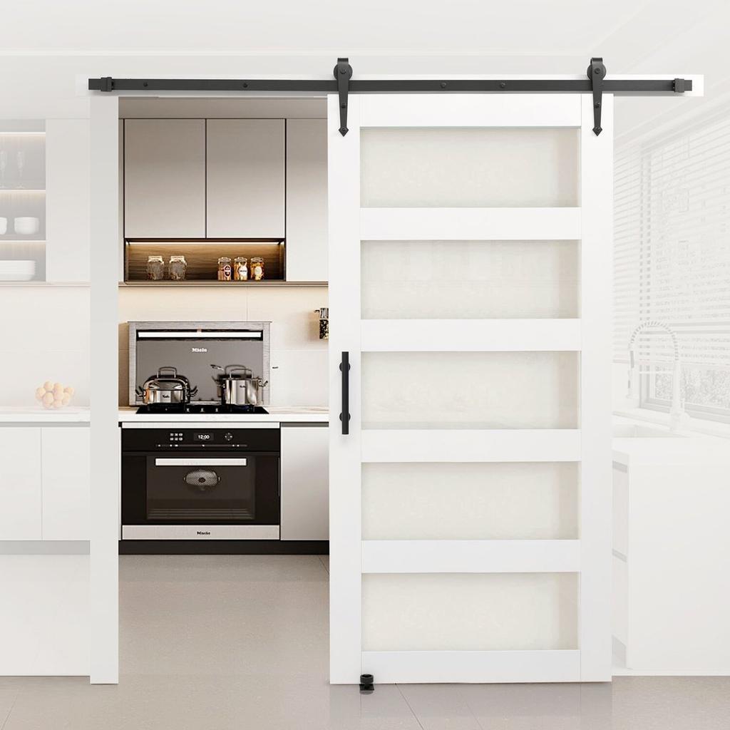 Sliding Barn Door, 1067 x 2134mm, High-Strength MDF Panel and Glass, Barn Door with Hardware Kit, Water-Proof PVC Surface, Easy to Install, H-Frame,