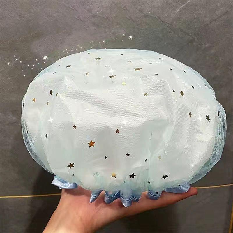 

1Pc Double Layer Starry Sky Design Thick Waterproof Shower Cap Star Pattern Bathroom Hair Salon Supplies Bath Hat Bonnets For Women
