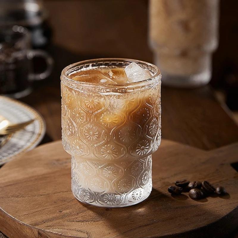 200ml Latte Coffee Cups Retro Sunflower Pattern Glass Cup Creative Wine Glass Transparent Juice Beverage Cups Drinking Glasses