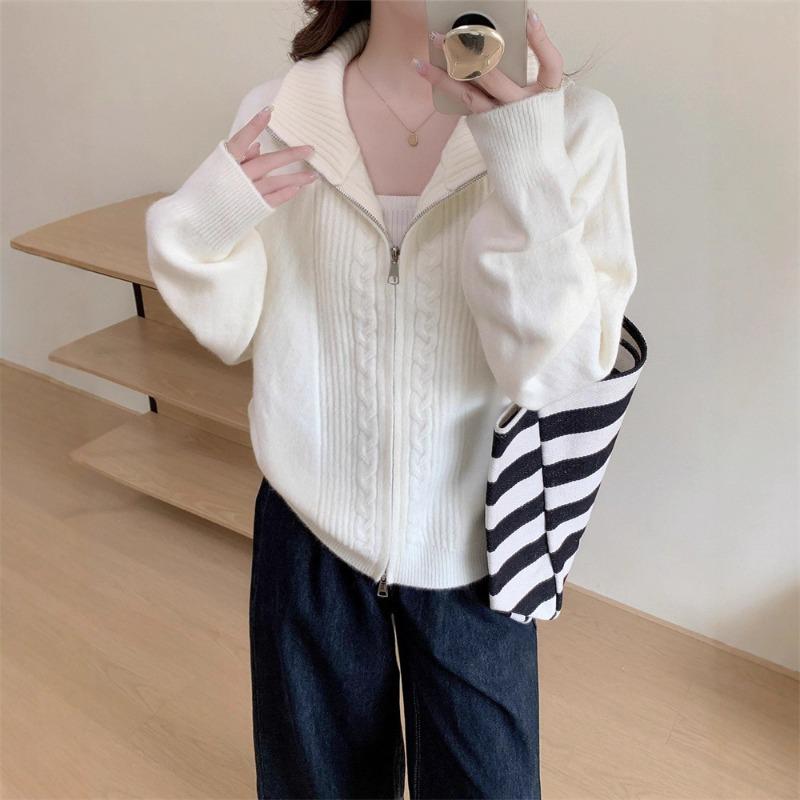Double Zipper Twist Lapel Sweater Jacket Women's Autumn and Winter New Loose Simple Lazy Wind Knitted Cardigan