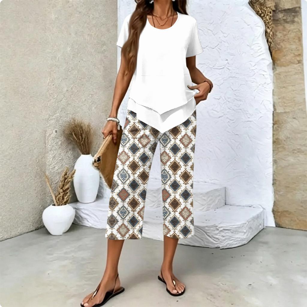 Women's Casual Short Sleeve Printed T-Shirt and Pants Set - Round Neck Summer Top with 3/4 Length Bottoms - Fashionable Outfit for Women