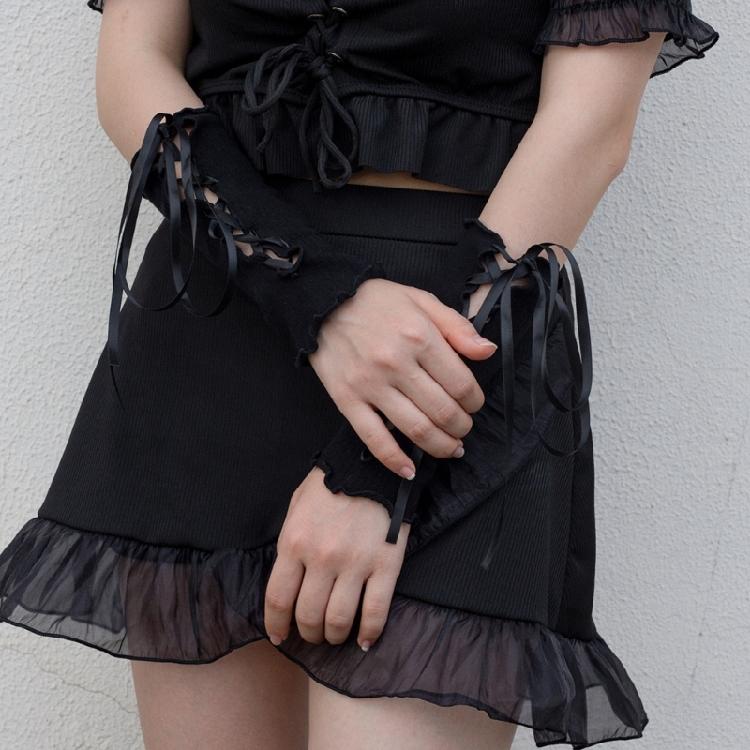 Gothic Frilly Fingerless Gloves Lace-Up Ribbon Ribbed Knit Arm Warmers for Women