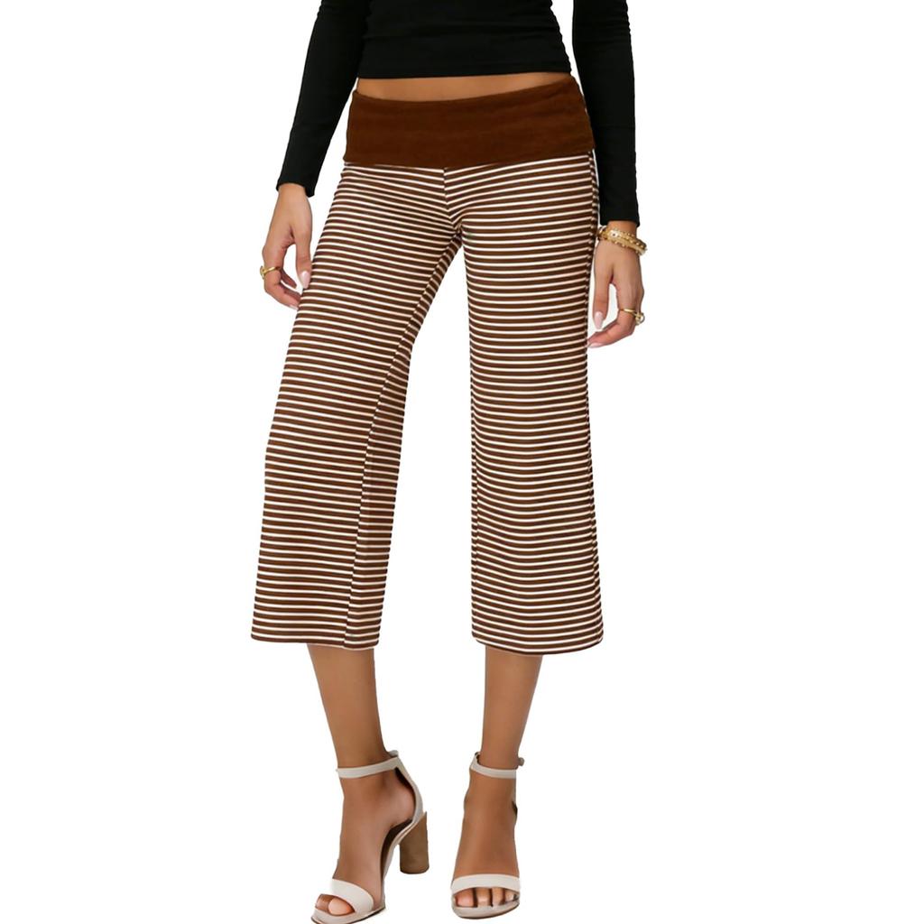 Cropped Pants for Women Wide Leg Elastic High Waist 3/4 Pant Casual Fit Flowy Casual  Pants