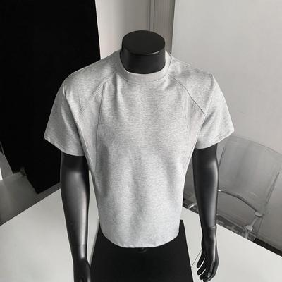 Men's Retro Casual Raglan T-Shirt with Ribbed Patchwork and Small Collar