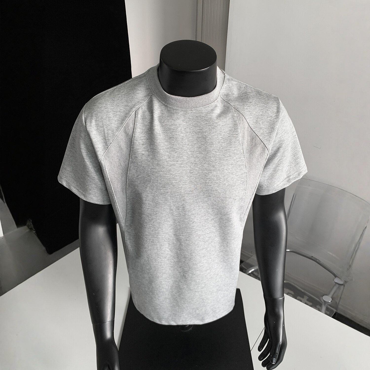 

Men s Retro Casual Raglan T-Shirt with Ribbed Patchwork and Small Collar 3XL (171-190 jin) светло-серый