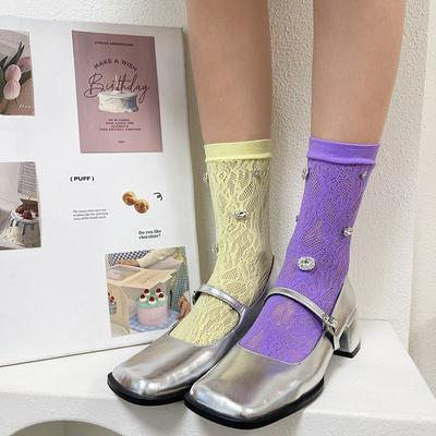 Lolita Lace Socks for Women Trendy Crystal Shiny Fishnet Thin Socks Fashion Y2K Girls Hosiery Premium Quality Street Style Sock