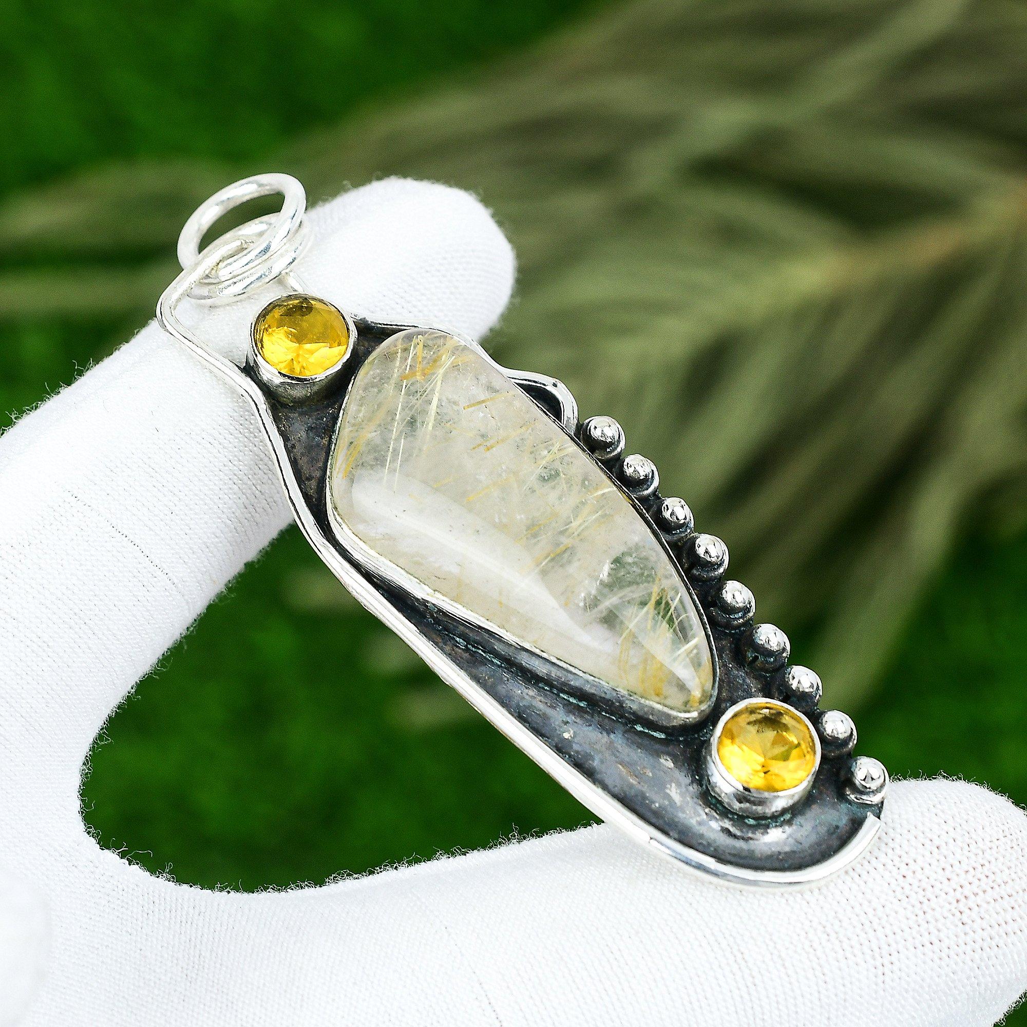 

Womens day Deal Sterling Silver Natural Golden Rutile Citrine Pendant Jewelry