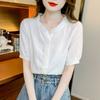Women Ruffled Collar Cotton Jacquard Embroidered Short Sleeve Casual Blouse
